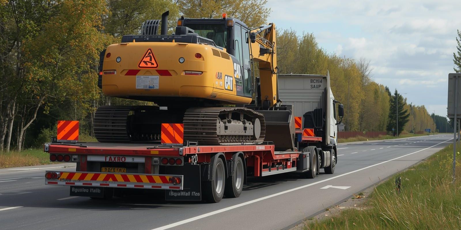 Transport gabarytów w Bochni – koparka przewożona na niskopodwoziowej lawecie z oznaczeniem transportu ponadgabarytowego