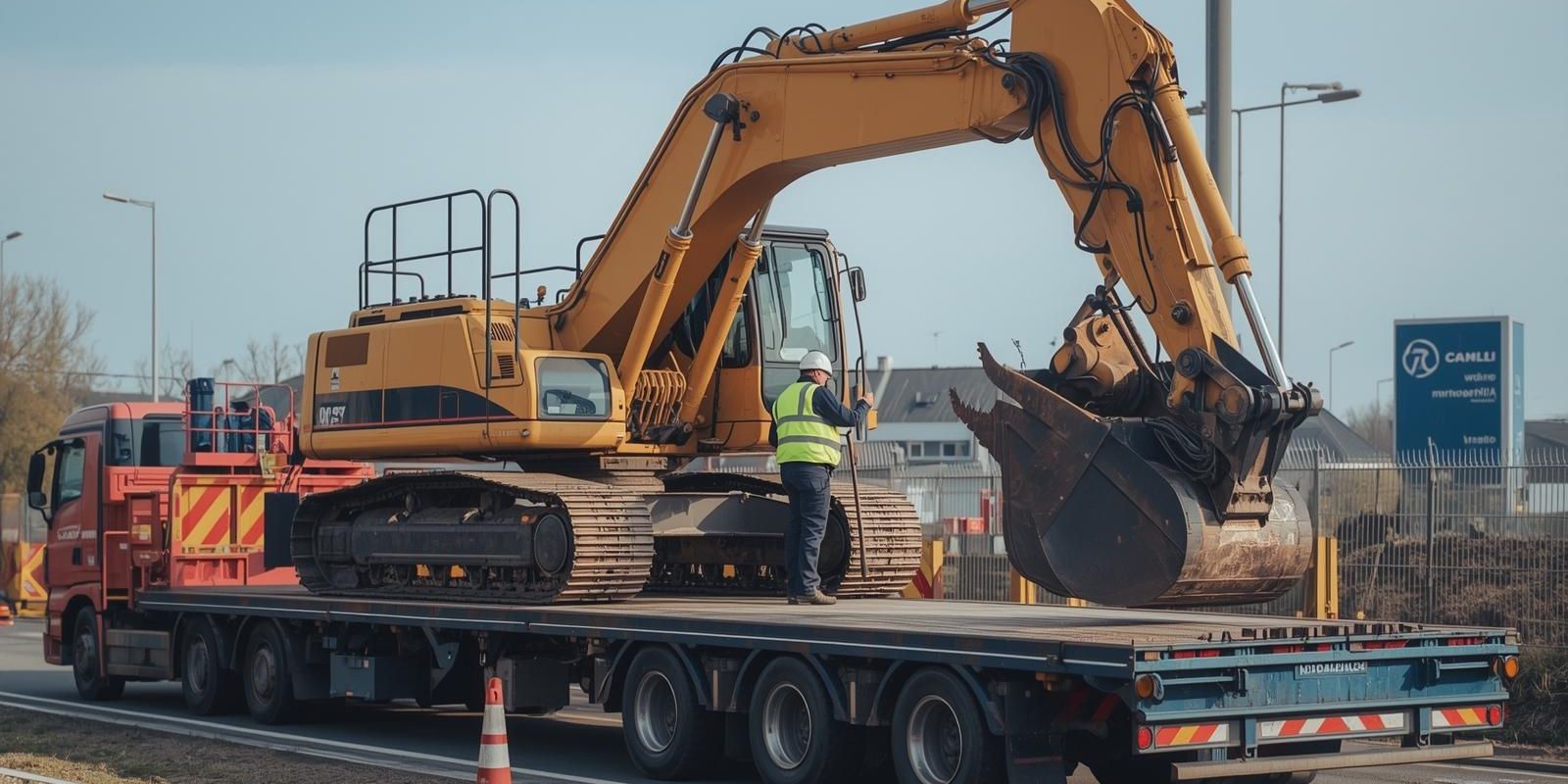 Transport maszyn budowlanych w Bochni – koparka przewożona na specjalistycznej lawecie