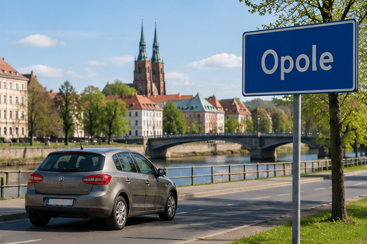 Starszy samochód osobowy na ulicy, ilustracja problemu auta dłużnika w Opolu.
